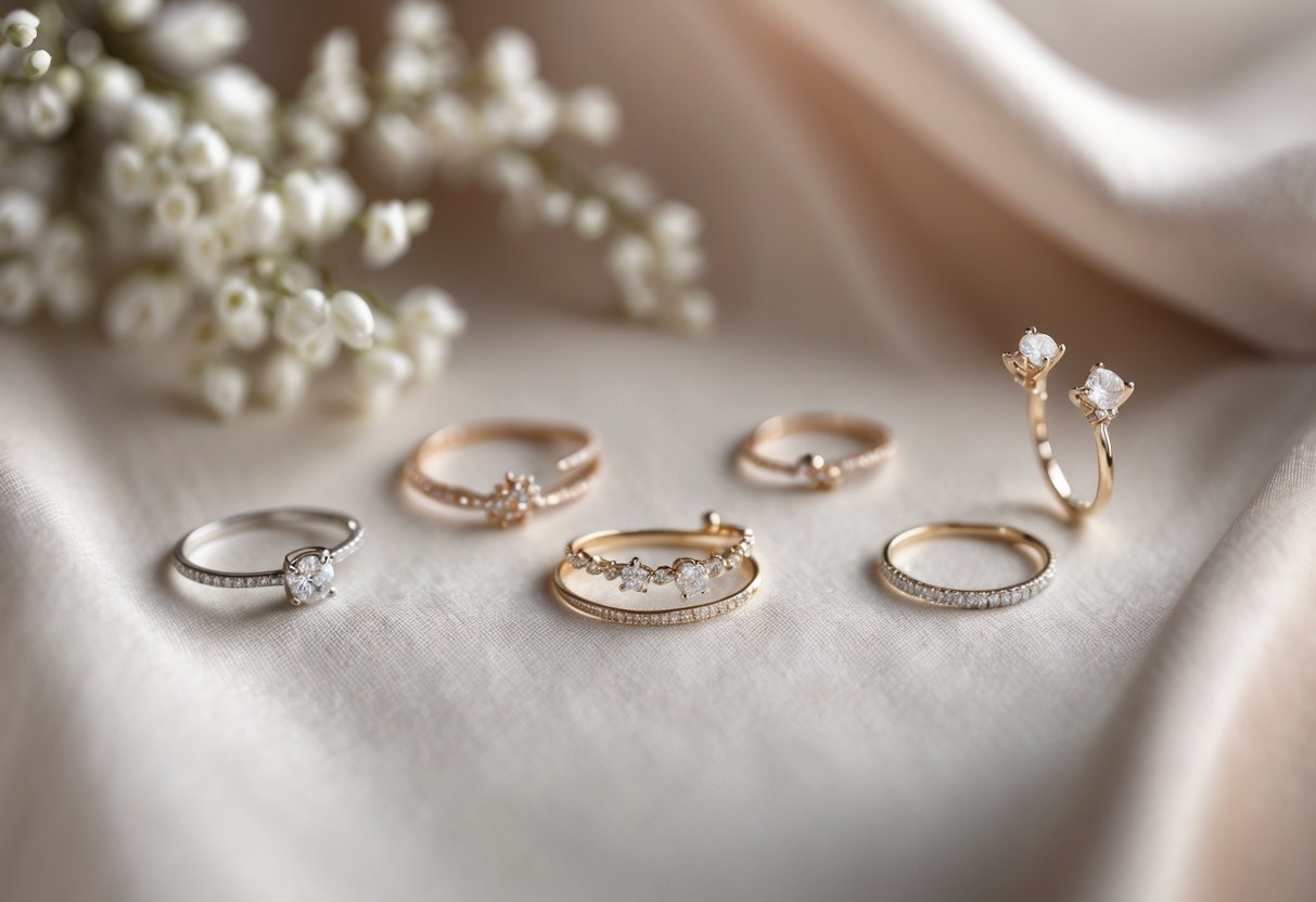 Close-up of small, elegant wedding jewelry including rings, earrings, and a bracelet arranged on soft fabric.