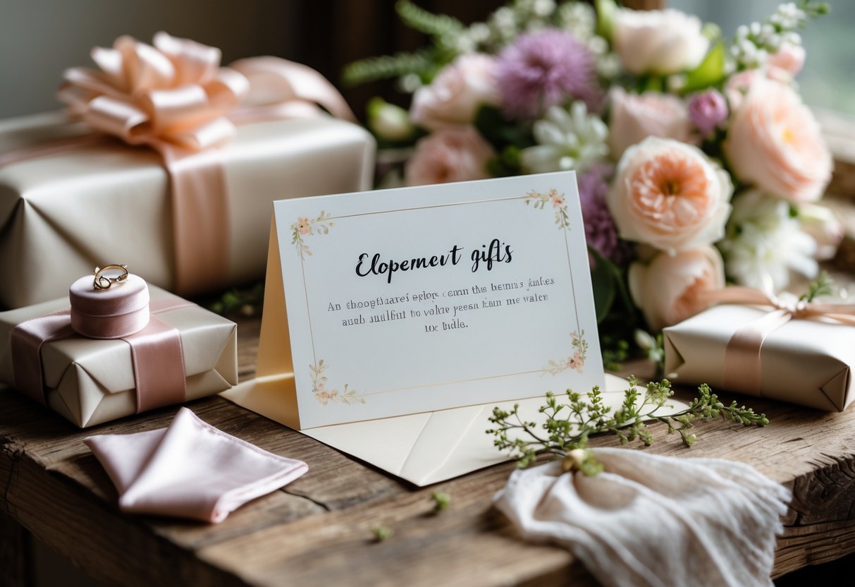 A message card surrounded by wrapped gifts and flowers on a wooden table.