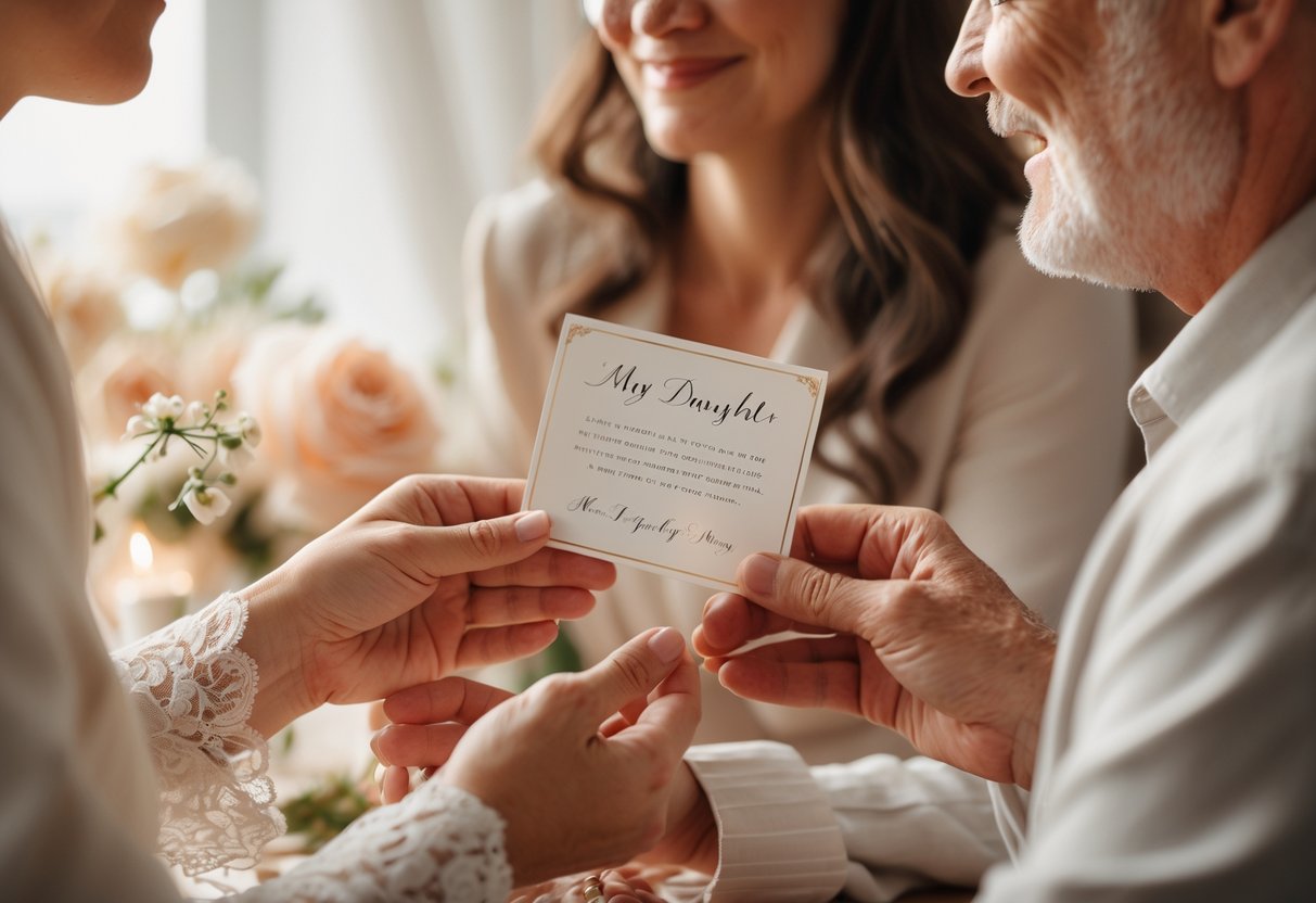 A daughter receiving a heartfelt message card from her parents on her elopement day, surrounded by warm light and soft floral decorations.