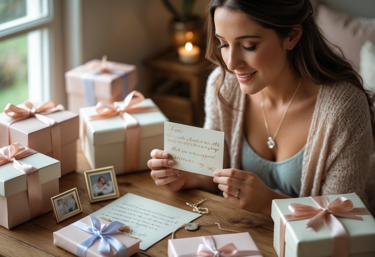 A woman sitting at a table reading a message card surrounded by wrapped gift boxes in a softly lit room.