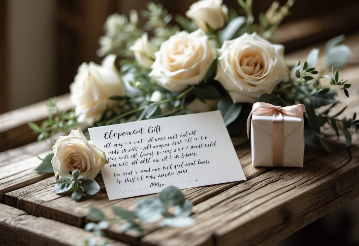 A handwritten message card and a small wrapped gift surrounded by white roses and greenery on a wooden table.