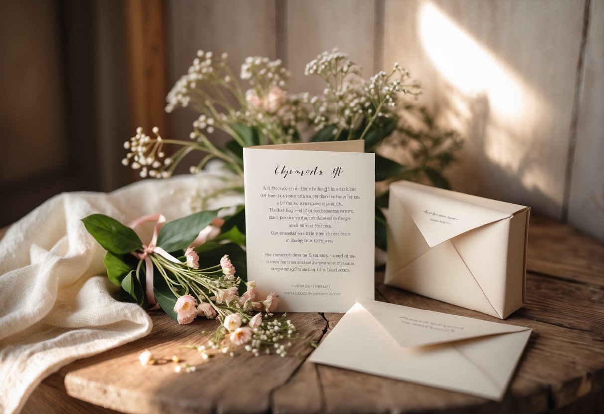 A heartfelt message card on a wooden table surrounded by a bouquet of wildflowers, a vintage envelope, and a folded linen cloth.