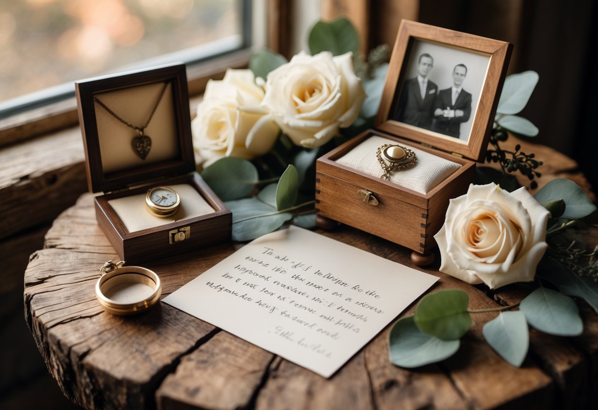 A close-up of a wooden table with family heirlooms, a handwritten card, and flowers arranged together, symbolizing a meaningful elopement gift from parents.