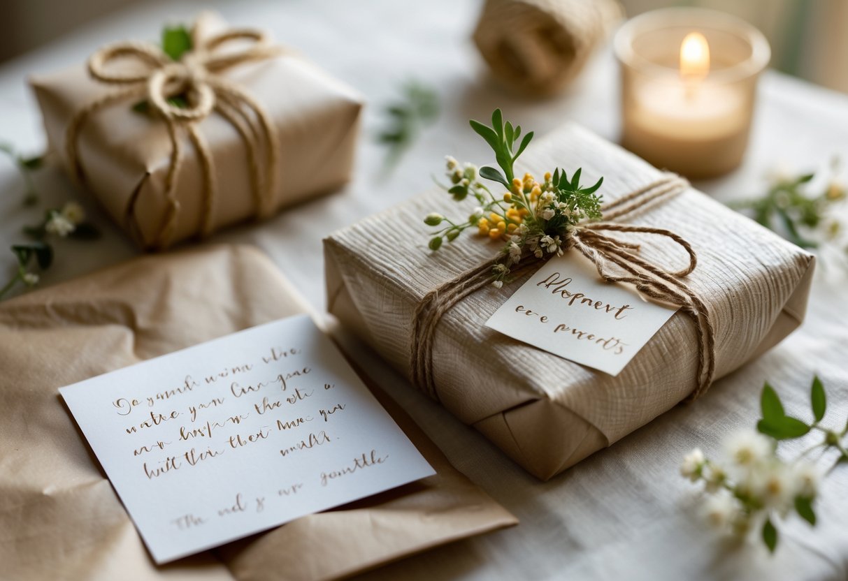 A close-up of a wrapped gift and a handwritten message card surrounded by flowers and greenery on a softly lit surface.
