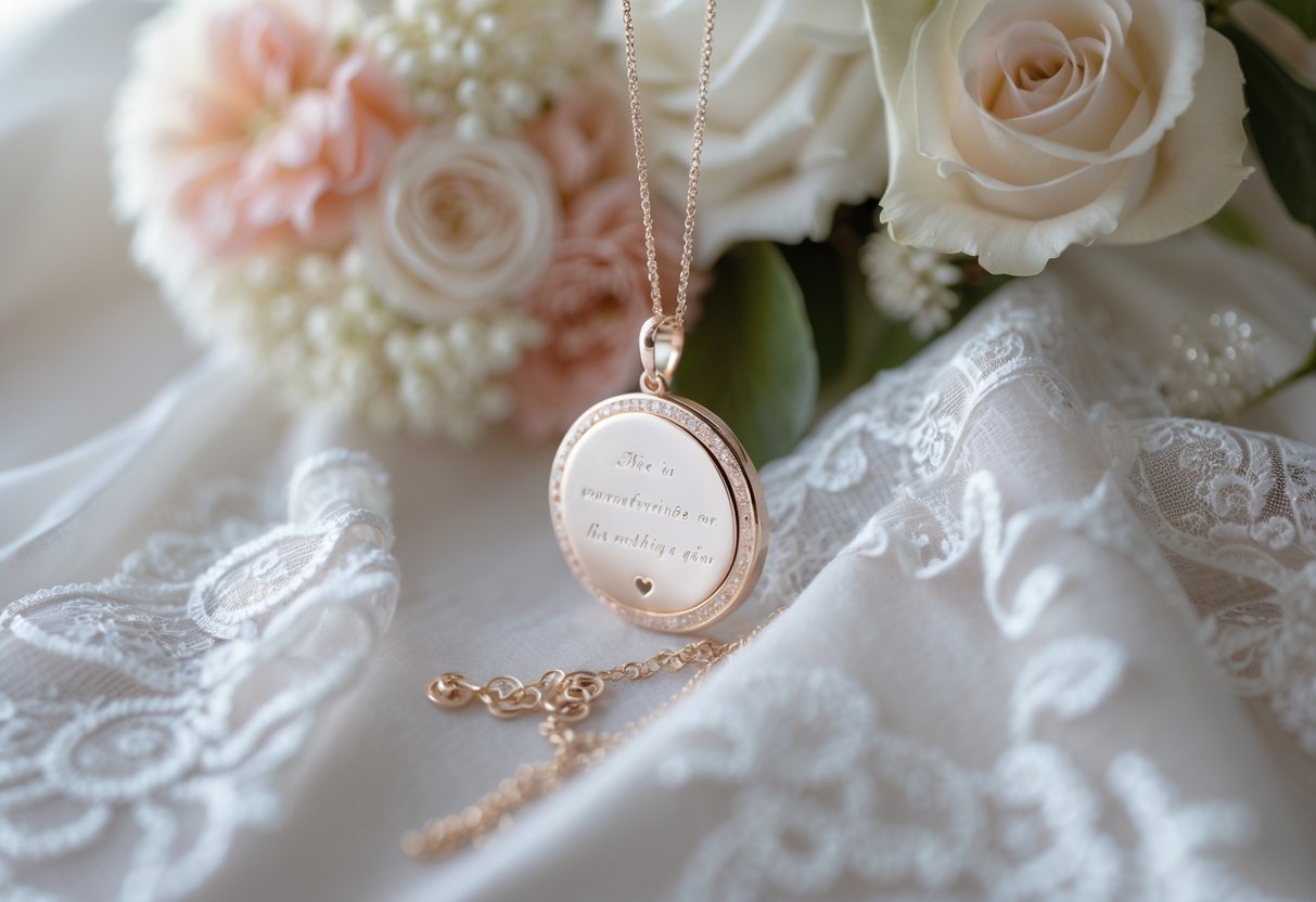Close-up of a delicate keepsake pendant resting on white lace fabric with a soft-focus bridal bouquet in the background.