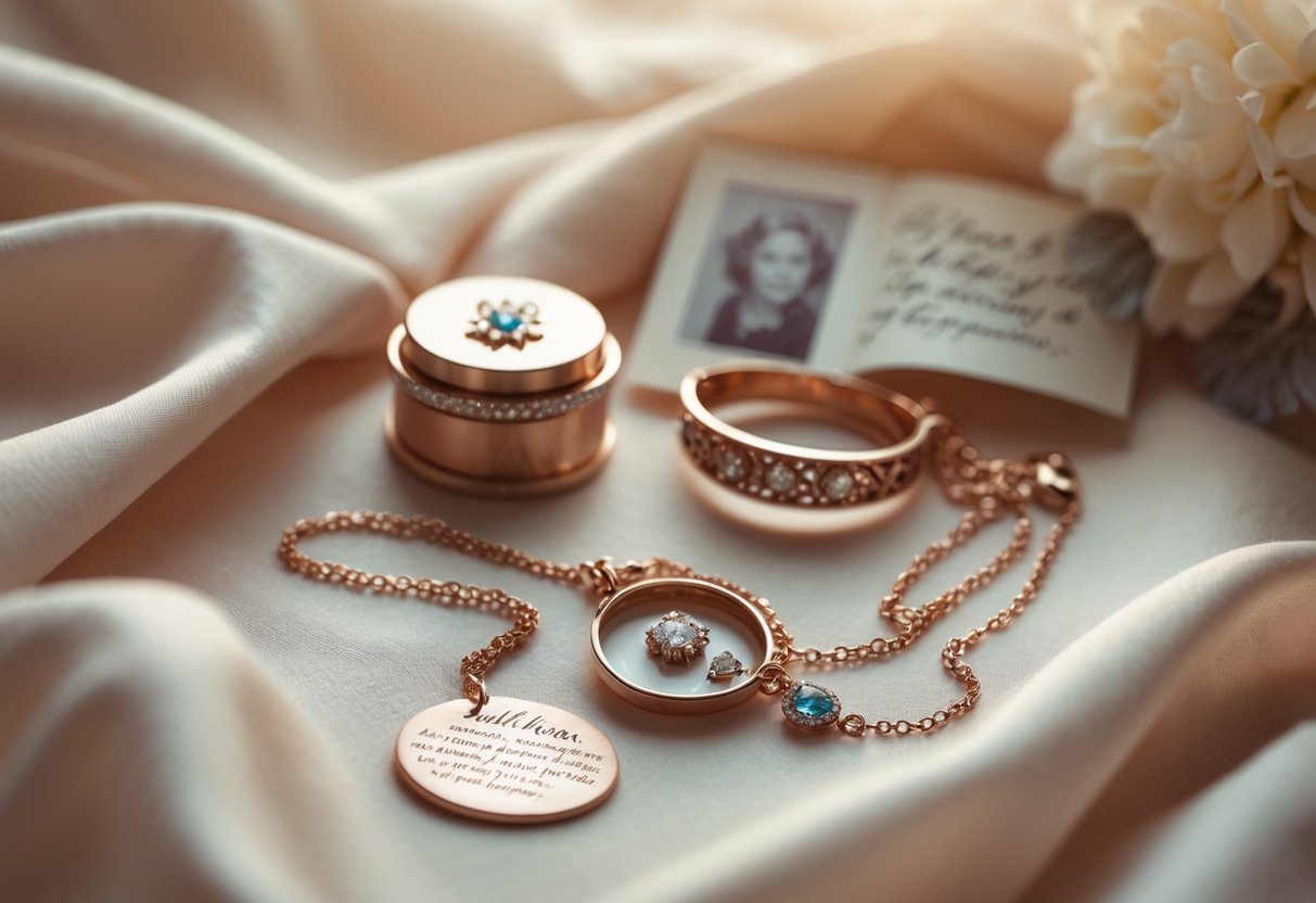 Close-up of delicate keepsake jewelry including a locket, bracelet, and ring arranged on soft fabric with a handwritten note and a vintage photograph nearby.