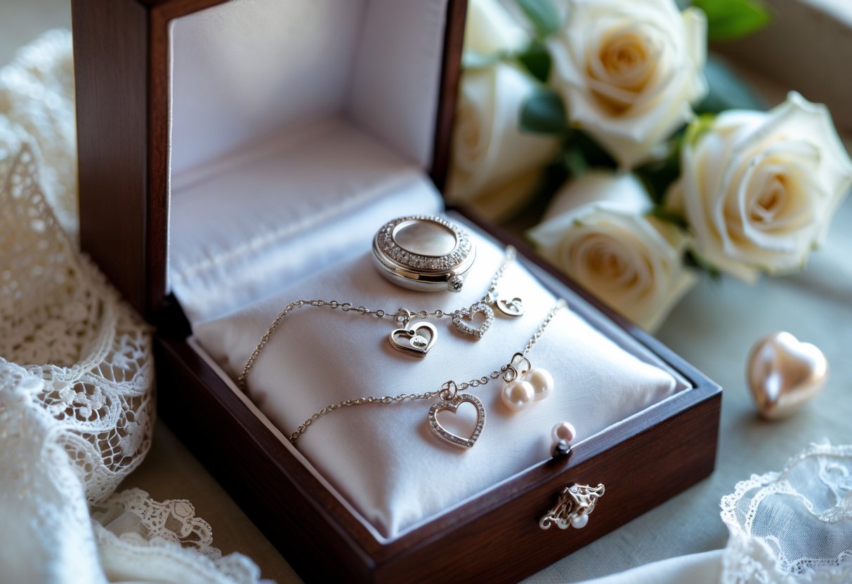 Close-up of an open jewelry box with keepsake jewelry including a silver locket, charm bracelet, and pearl earrings surrounded by white roses and lace.
