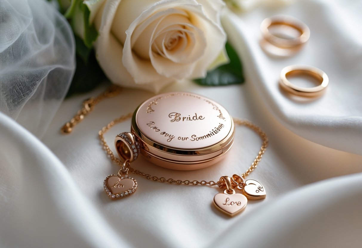 Close-up of delicate keepsake jewelry with wedding elements including a white rose, veil, and rings on soft fabric.
