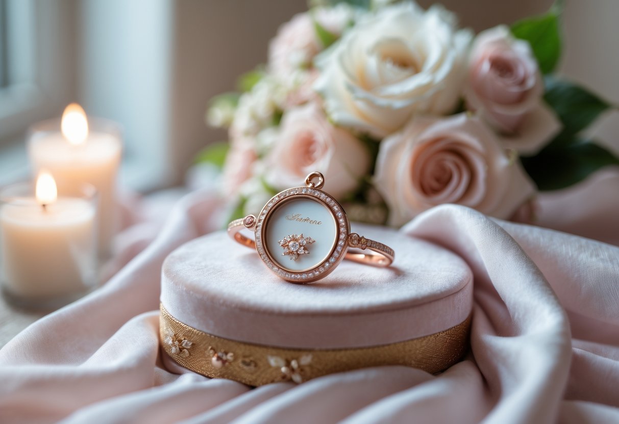 A delicate keepsake jewelry piece displayed on soft fabric with wedding flowers and candlelight in the background.