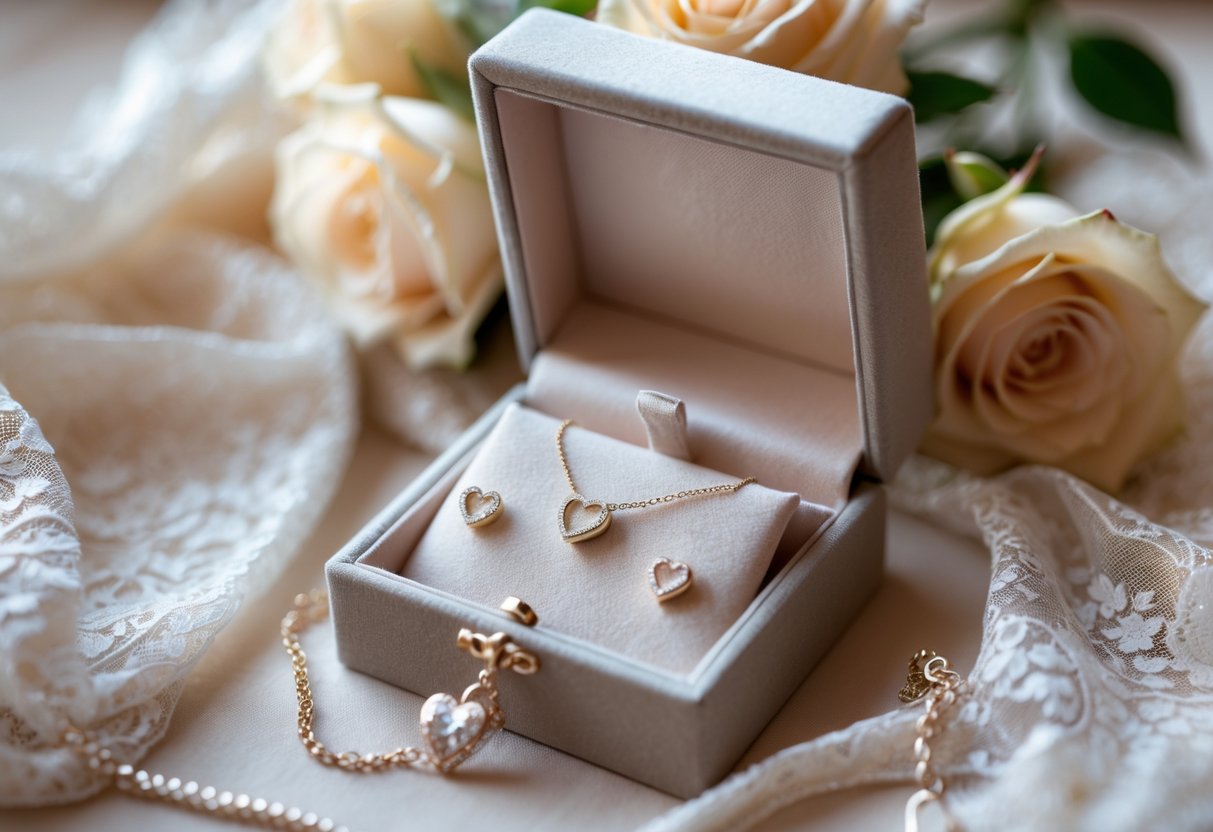 An open jewelry box displaying delicate heart-shaped necklace and earrings, surrounded by lace fabric and pale roses.