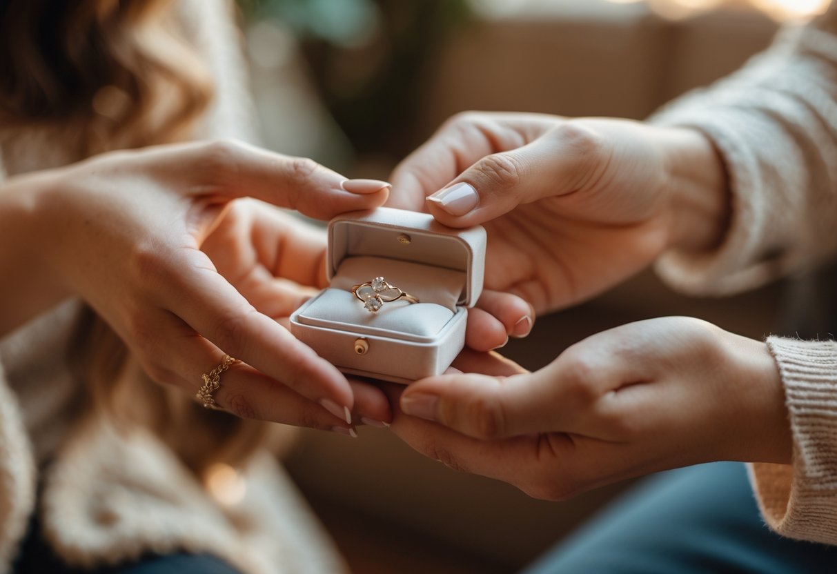 Close-up of hands exchanging a small jewelry box with a delicate necklace inside, symbolizing a private ceremony gift.