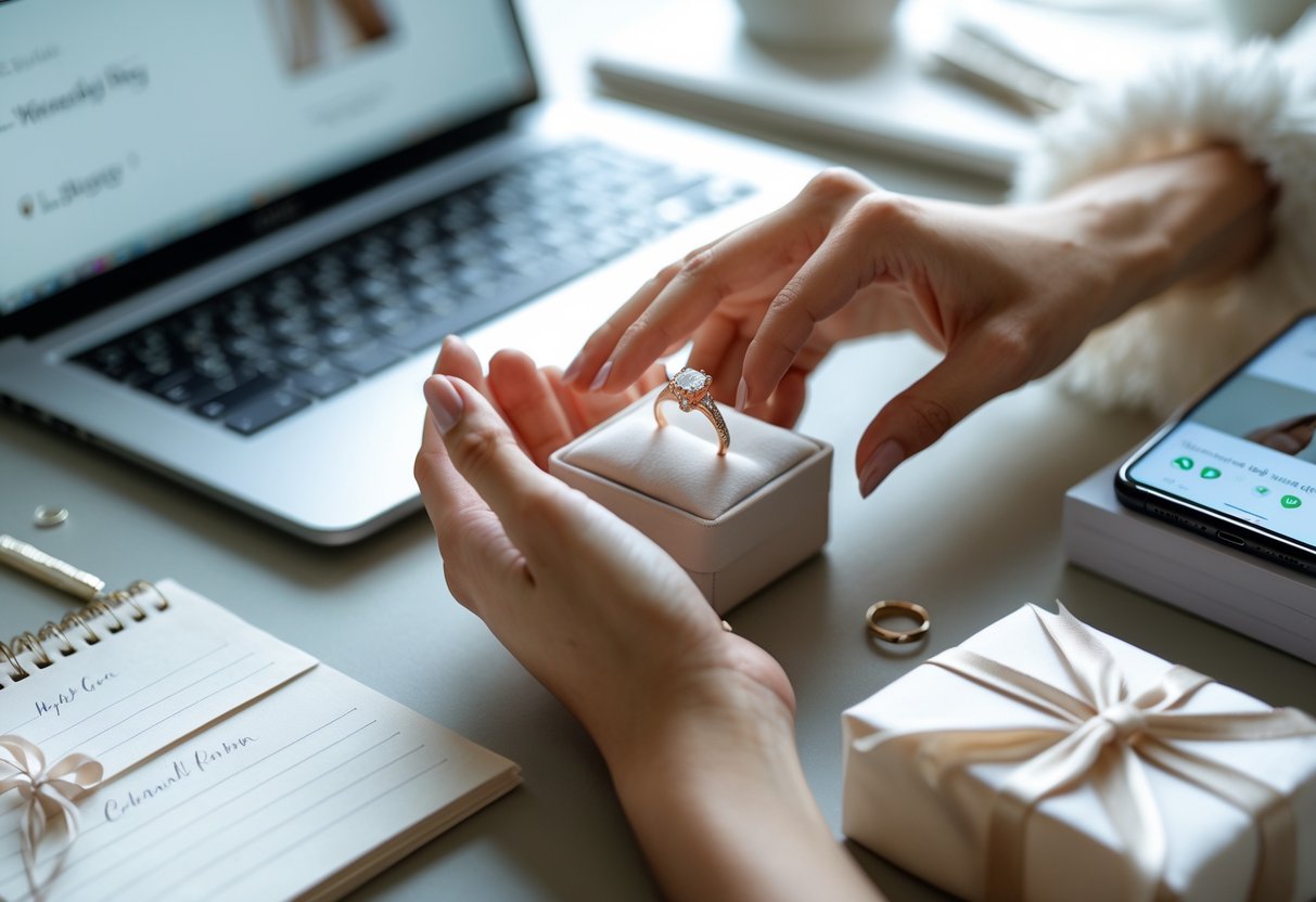 Hands holding a small jewelry box with a ring inside, surrounded by a laptop, notepad, smartphone, and a wrapped package on a desk.