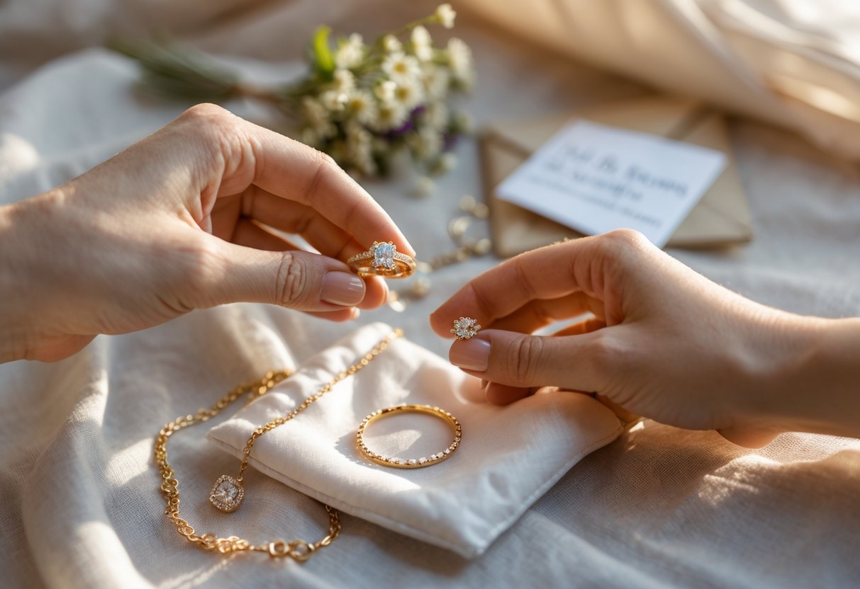 Two hands exchanging wedding rings and delicate jewelry with a small bouquet and letter in the background.