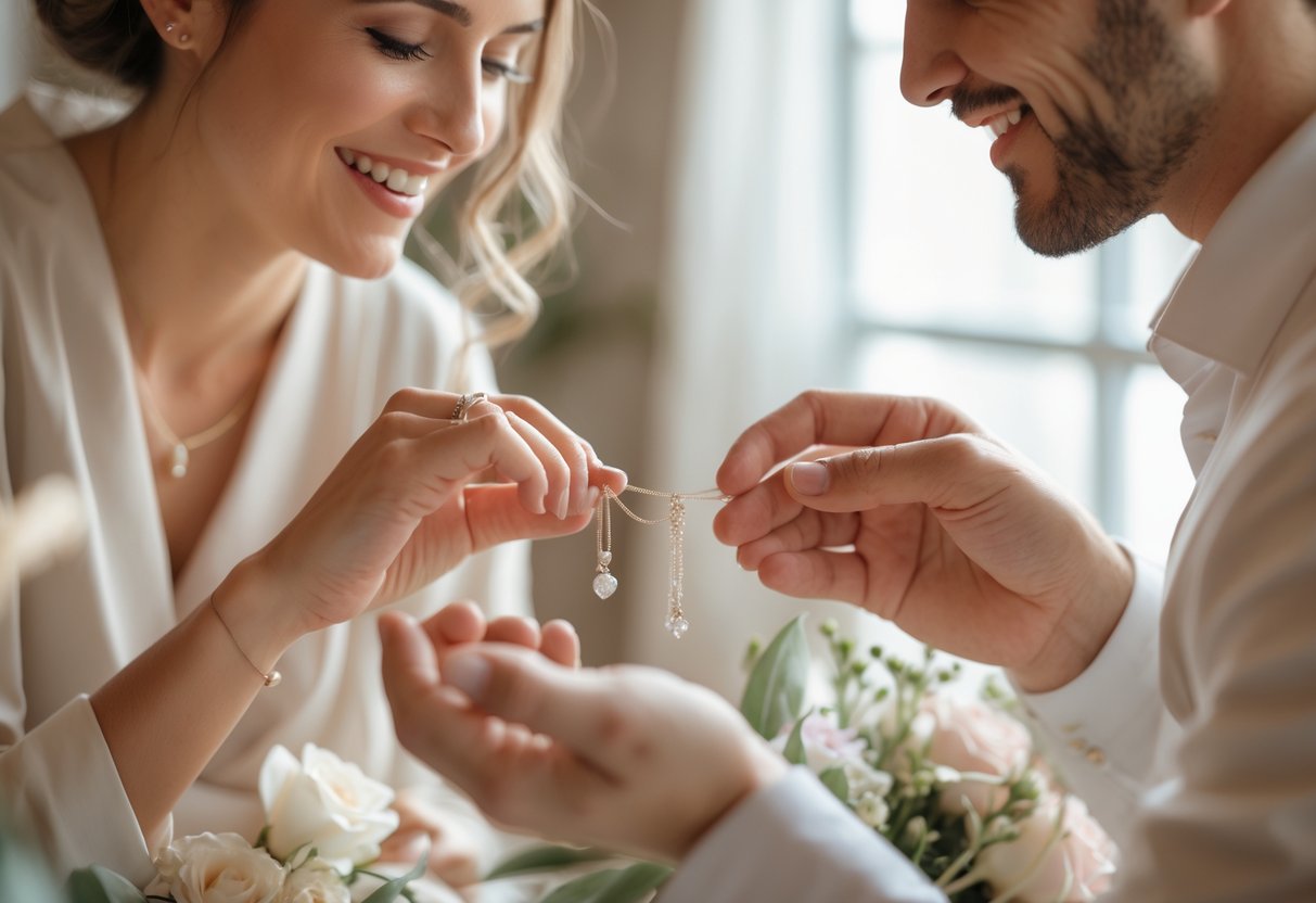A couple exchanging jewelry gifts indoors, sharing a warm and loving moment.