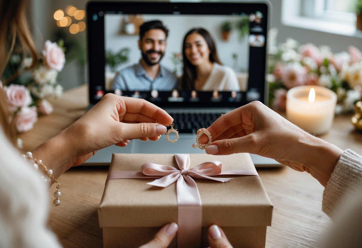 Two hands exchanging jewelry gifts with a laptop showing a smiling couple on a video call in the background.