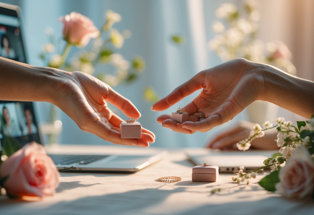 Two hands reaching out to exchange a small jewelry box with a ring, with a laptop showing a video call in the background.