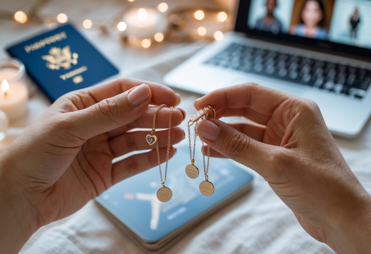 Two hands holding matching jewelry pieces with travel items blurred in the background, symbolizing love and connection from afar.