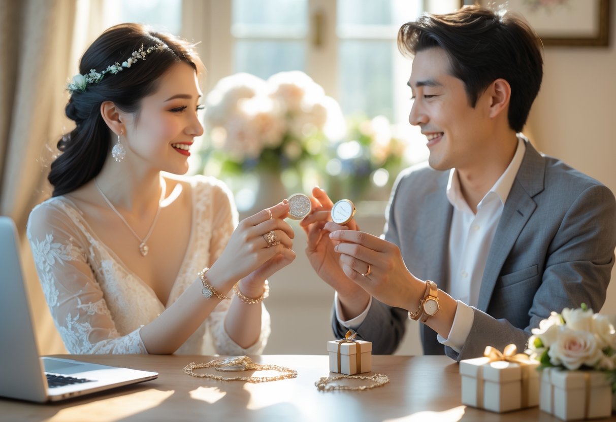 A couple exchanging keepsake jewelry gifts through a video call, surrounded by small gift boxes and flowers.