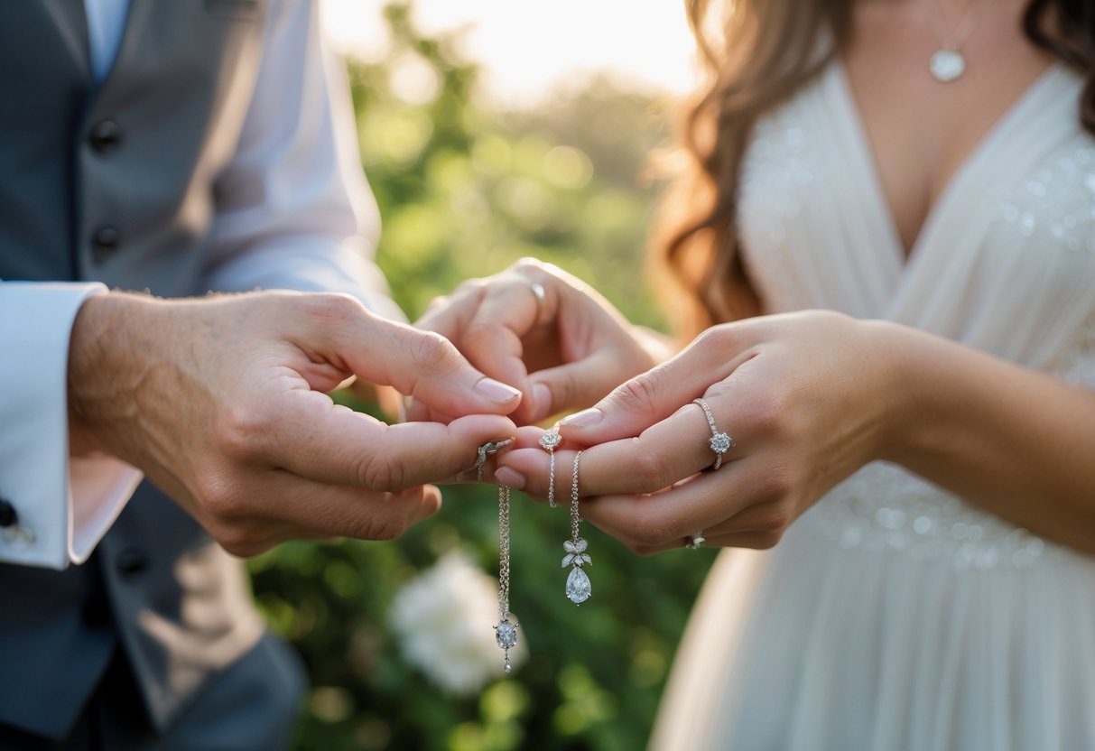 Close-up of two hands exchanging a piece of jewelry outdoors during a wedding celebration.