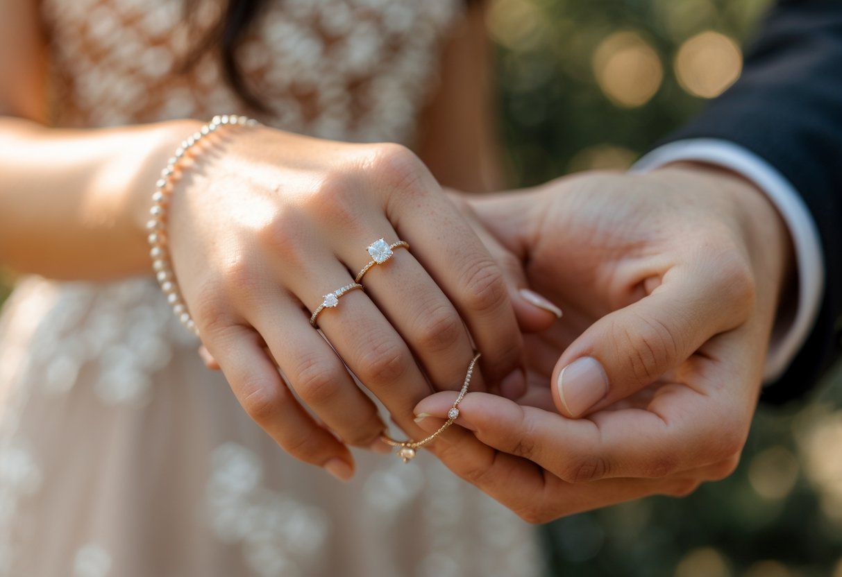 Close-up of a couple holding hands, wearing wedding rings and jewelry, with a blurred natural background.