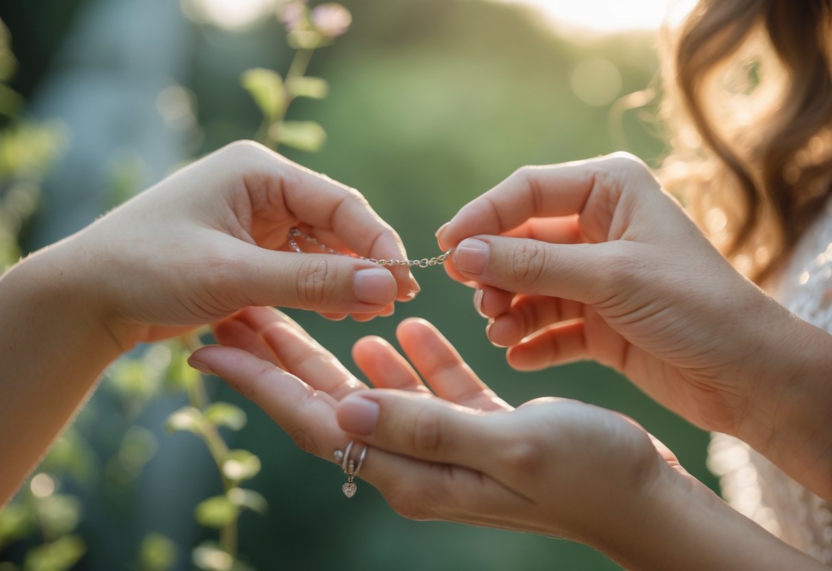 Two people exchanging a delicate piece of jewelry outdoors, sharing a warm and emotional moment.