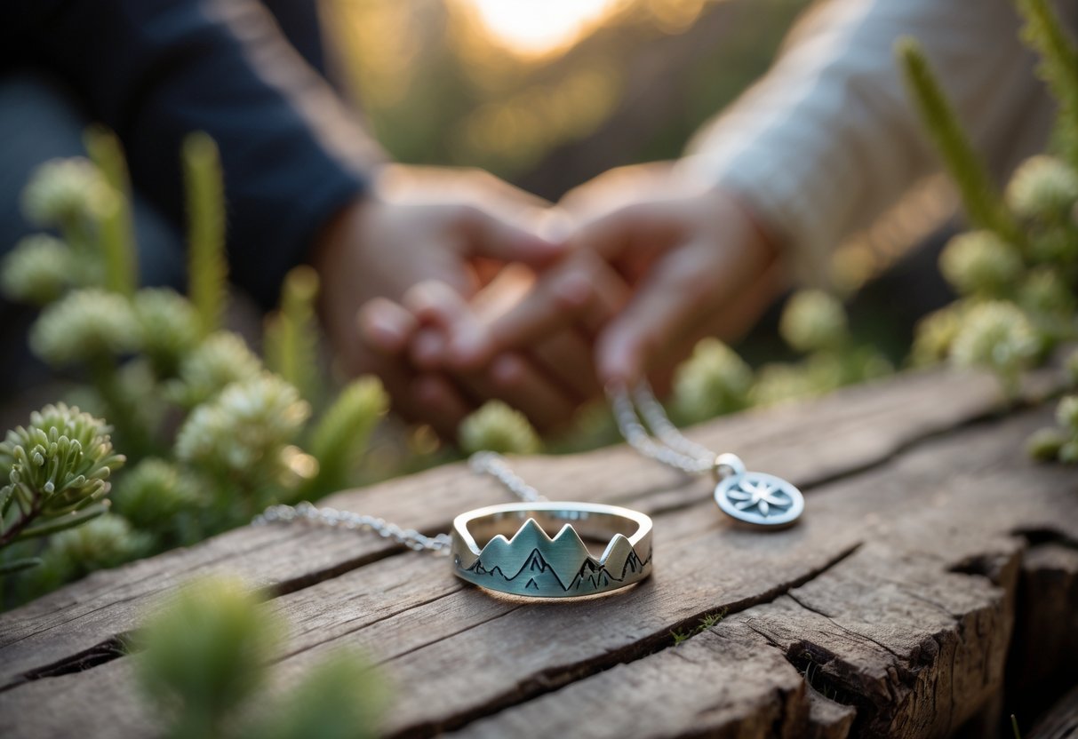 Close-up of nature-inspired jewelry on a wooden surface with a couple holding hands blurred in the background outdoors.