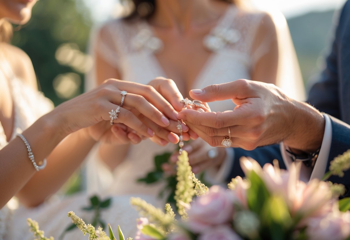 Close-up of a couple exchanging elegant jewelry outdoors, showing their hands and smiling faces in a warm, romantic setting.