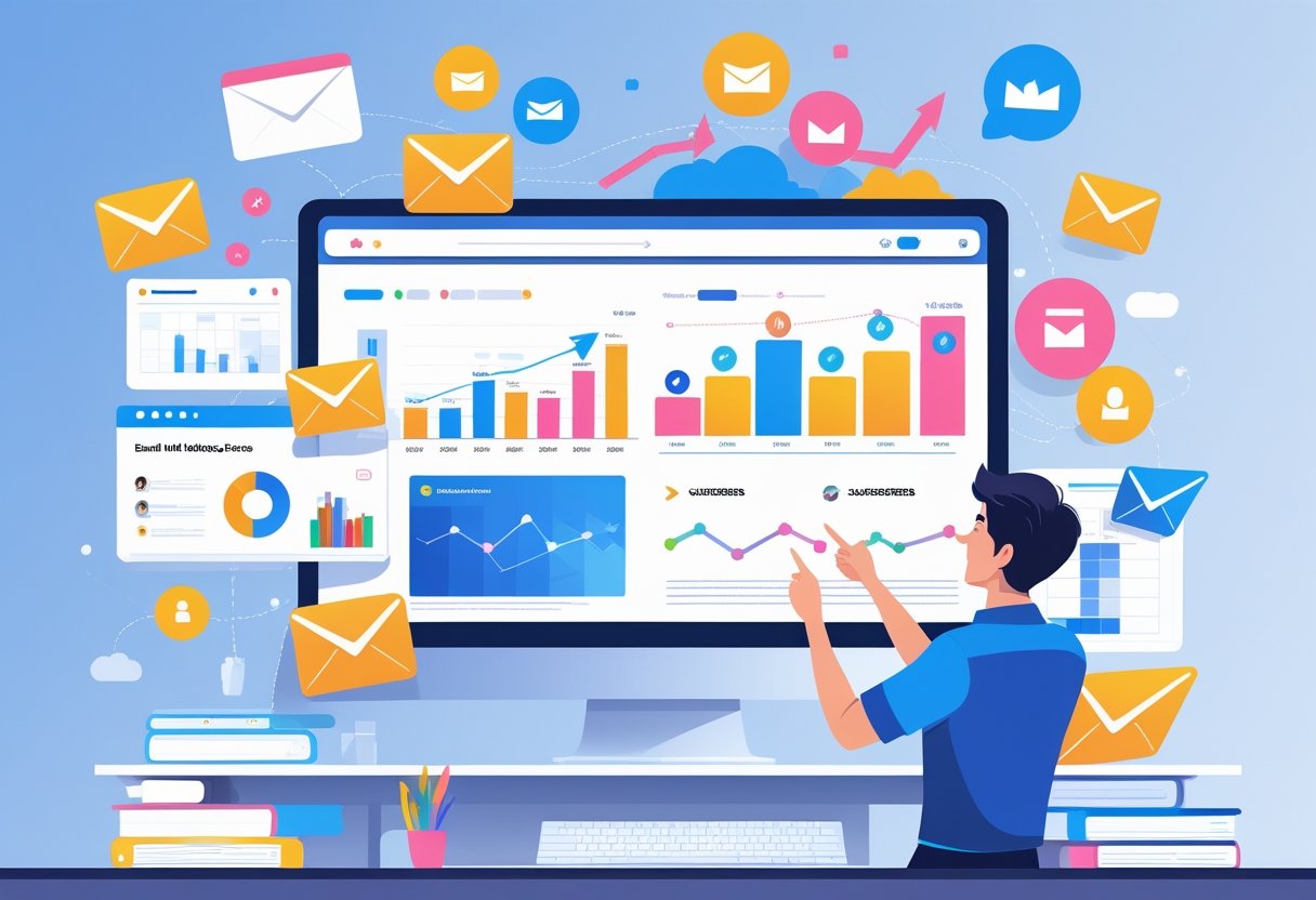 A person working at a laptop surrounded by icons of emails, subscribers, and charts, illustrating the process of designing an effective email welcome series.