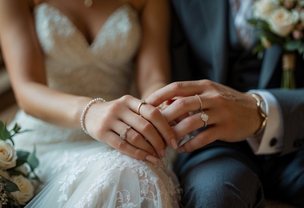 Close-up of a bride and groom holding hands, showing their wedding rings and sentimental jewelry during an intimate wedding.