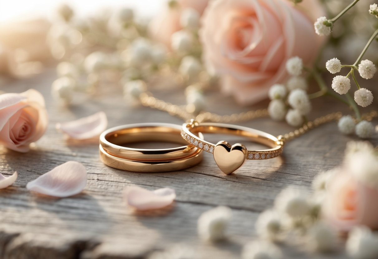 Close-up of intertwined gold wedding rings and a heart-shaped necklace pendant resting on a wooden surface with scattered rose petals and baby's breath flowers.