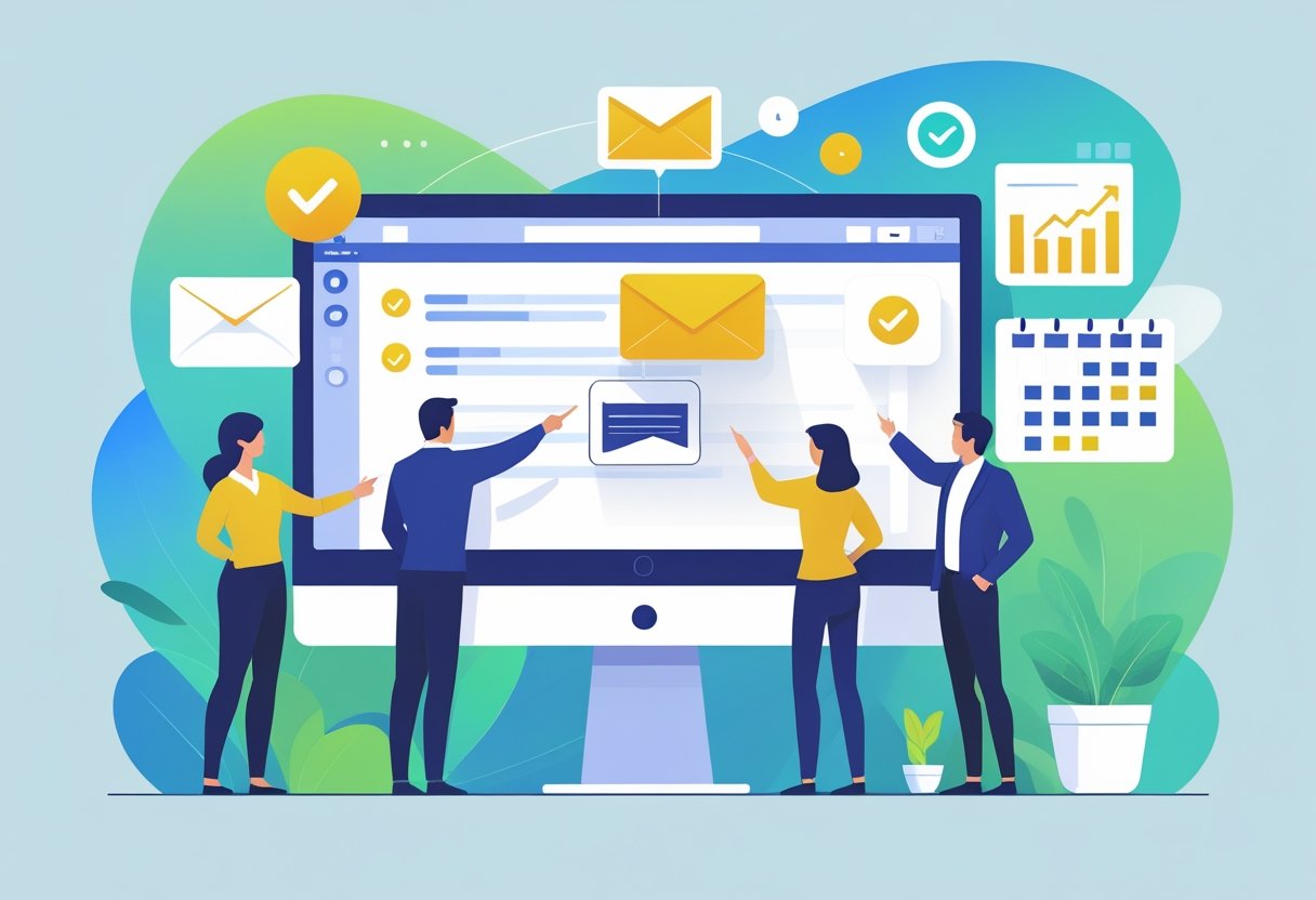 A group of professionals collaborating around a computer screen showing an open welcome email, with floating icons representing email marketing elements like envelopes, checkmarks, graphs, and calendars.