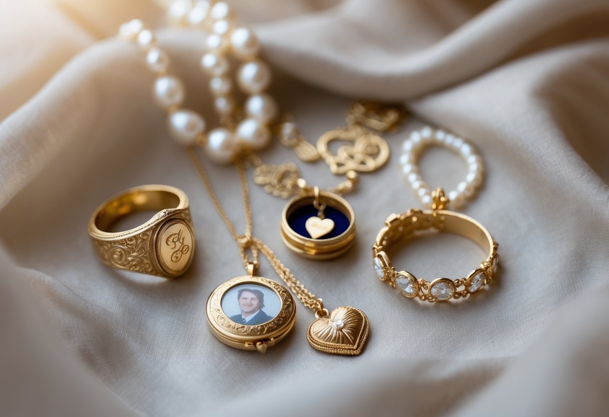 Close-up of sentimental wedding jewelry including rings, a locket, a pearl bracelet, and a heart-shaped pendant necklace arranged on soft fabric.