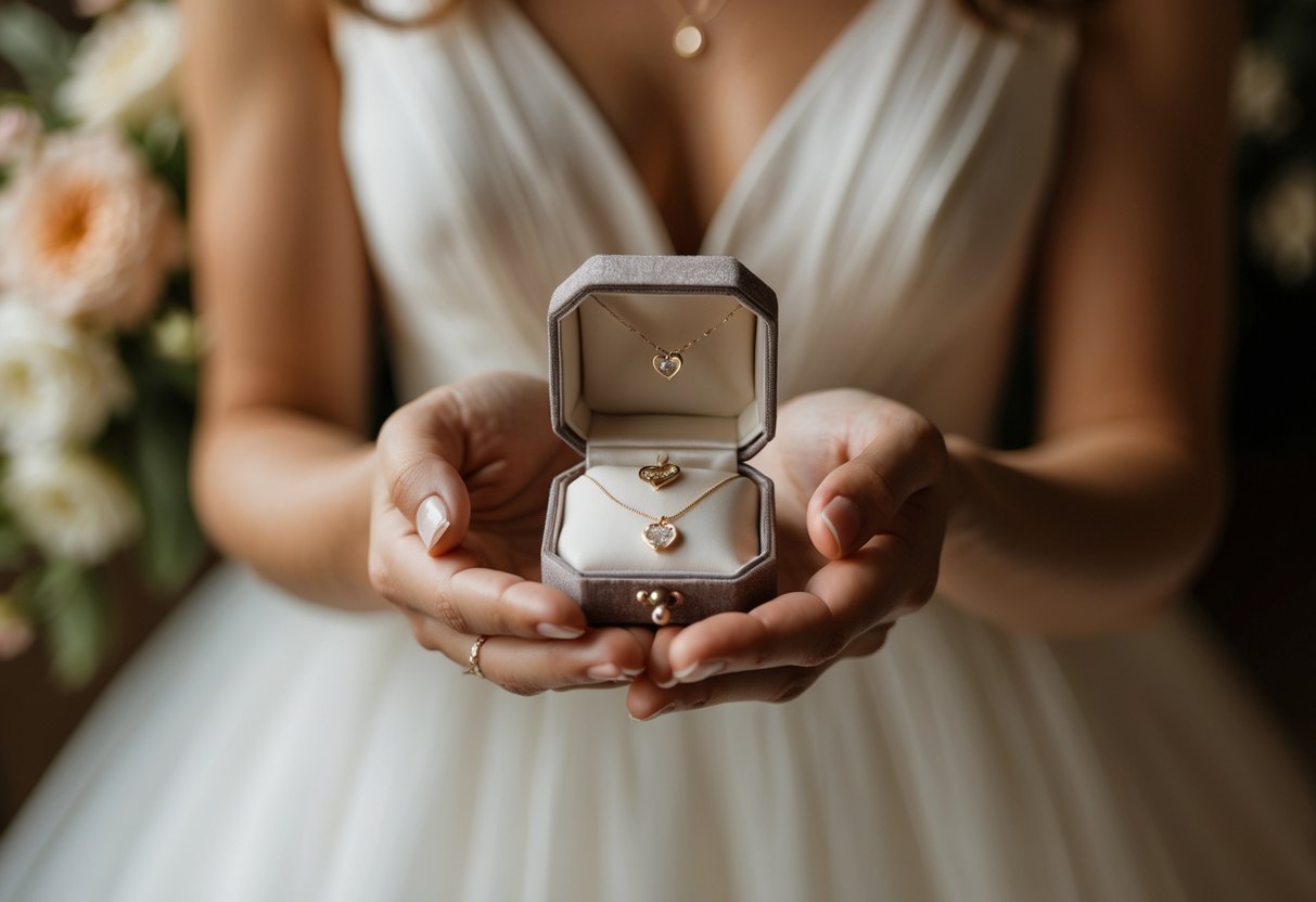 A bride holding an open jewelry box with a sentimental piece of wedding jewelry inside, surrounded by soft floral accents.