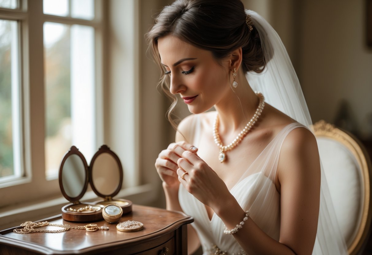 A bride sitting at a vanity table holding a locket, surrounded by jewelry, with soft natural light coming through a window.
