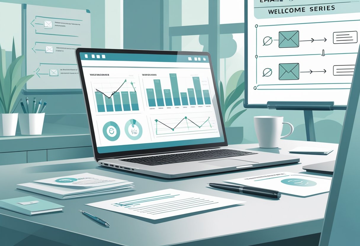 A workspace with a laptop showing charts and email icons, notes, and a whiteboard with flowcharts illustrating the design of an email welcome series.