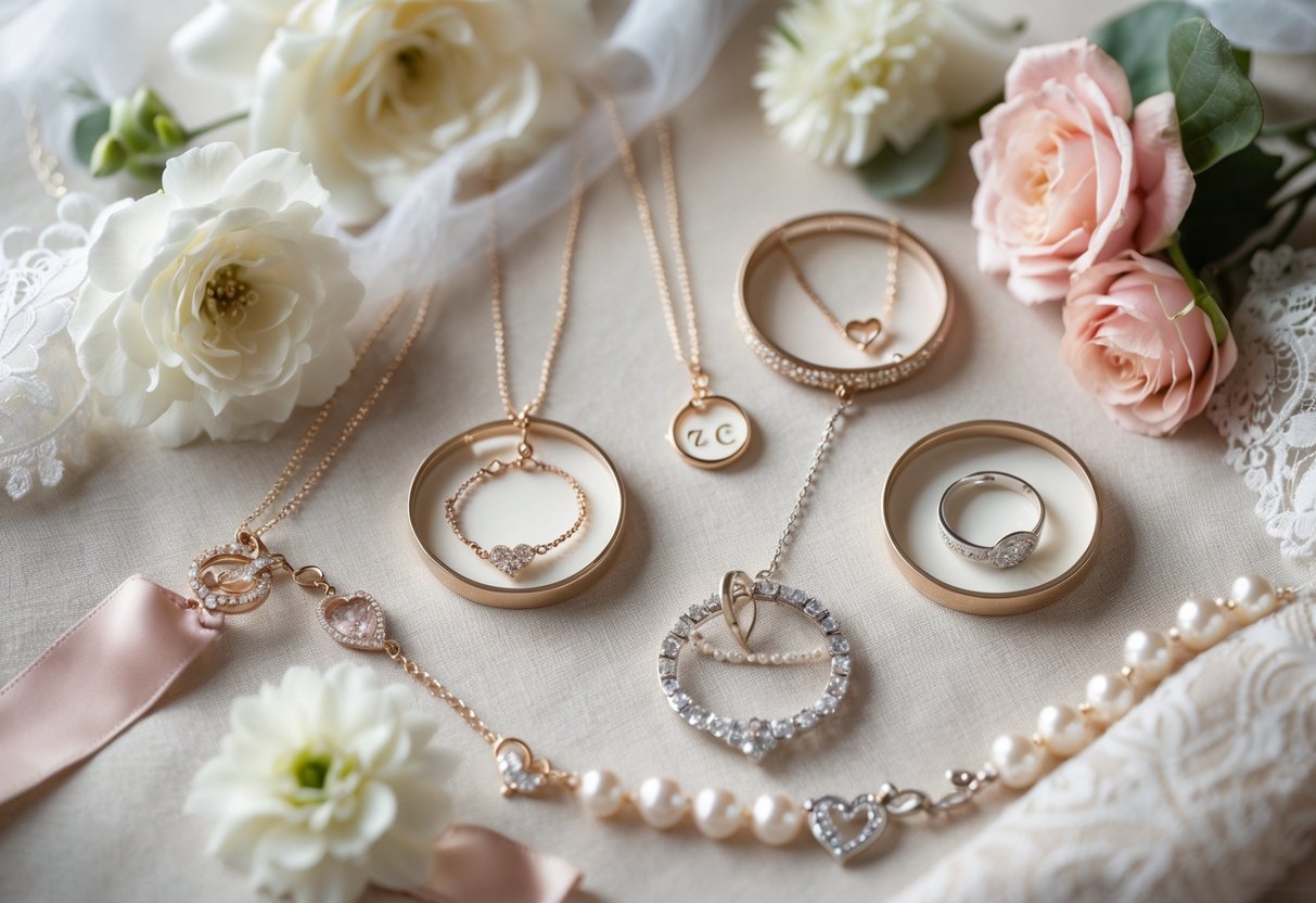 A collection of delicate jewelry including necklaces, bracelets, and rings arranged with flowers and ribbons on a soft fabric background.
