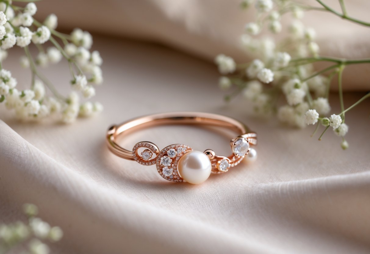 Close-up of delicate sentimental jewelry with pearls and rose gold, surrounded by small white flowers on a soft fabric background.