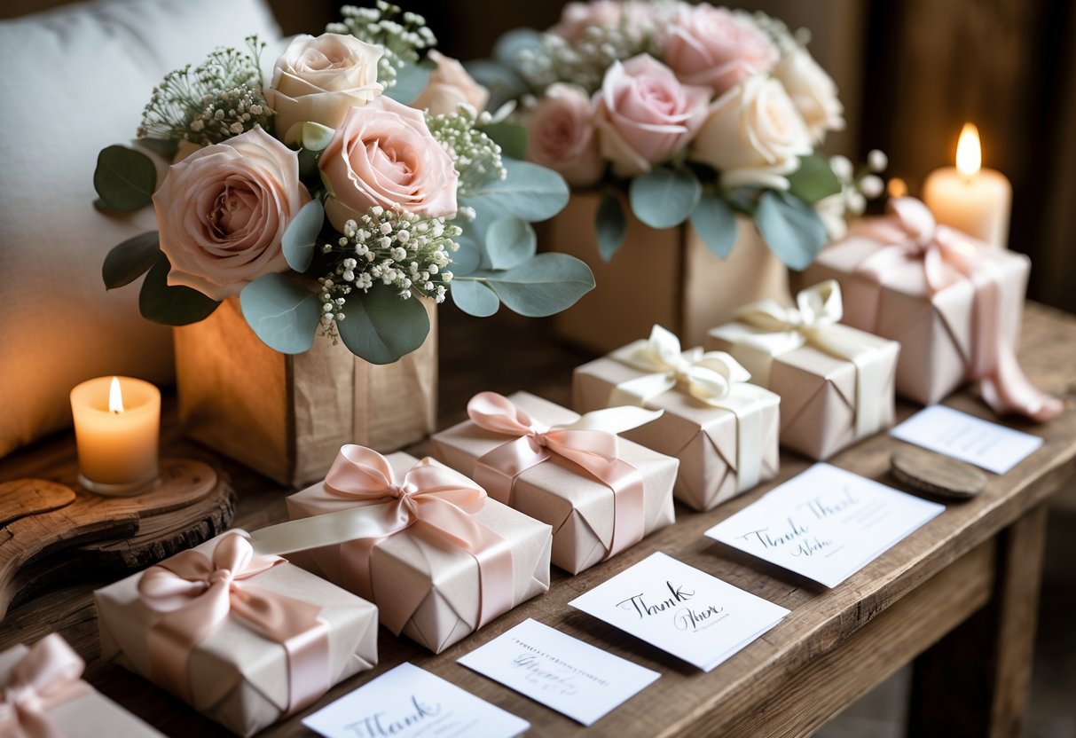 A small wooden table with wrapped wedding thank you gifts, flowers, and cards arranged in a cozy indoor setting.