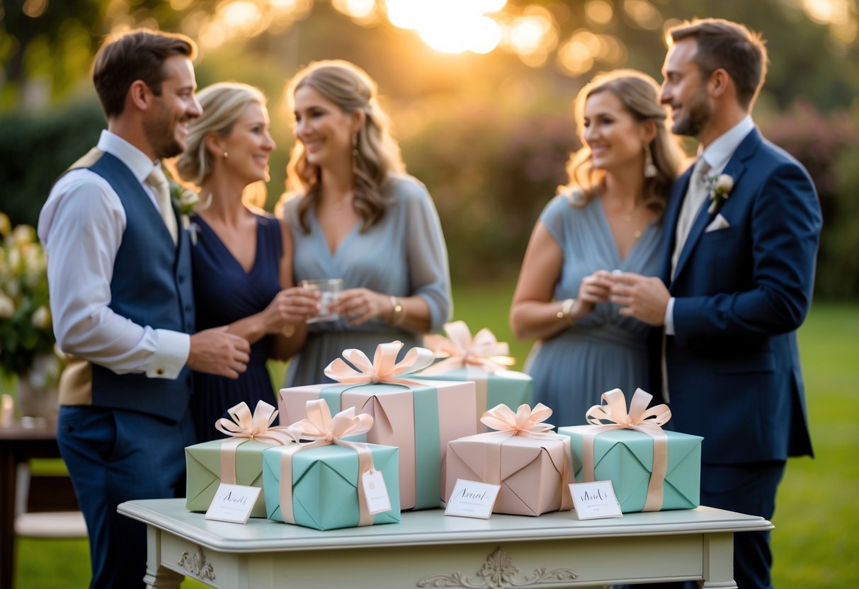 A small outdoor wedding gift table with wrapped presents and a few guests talking nearby in a garden setting.
