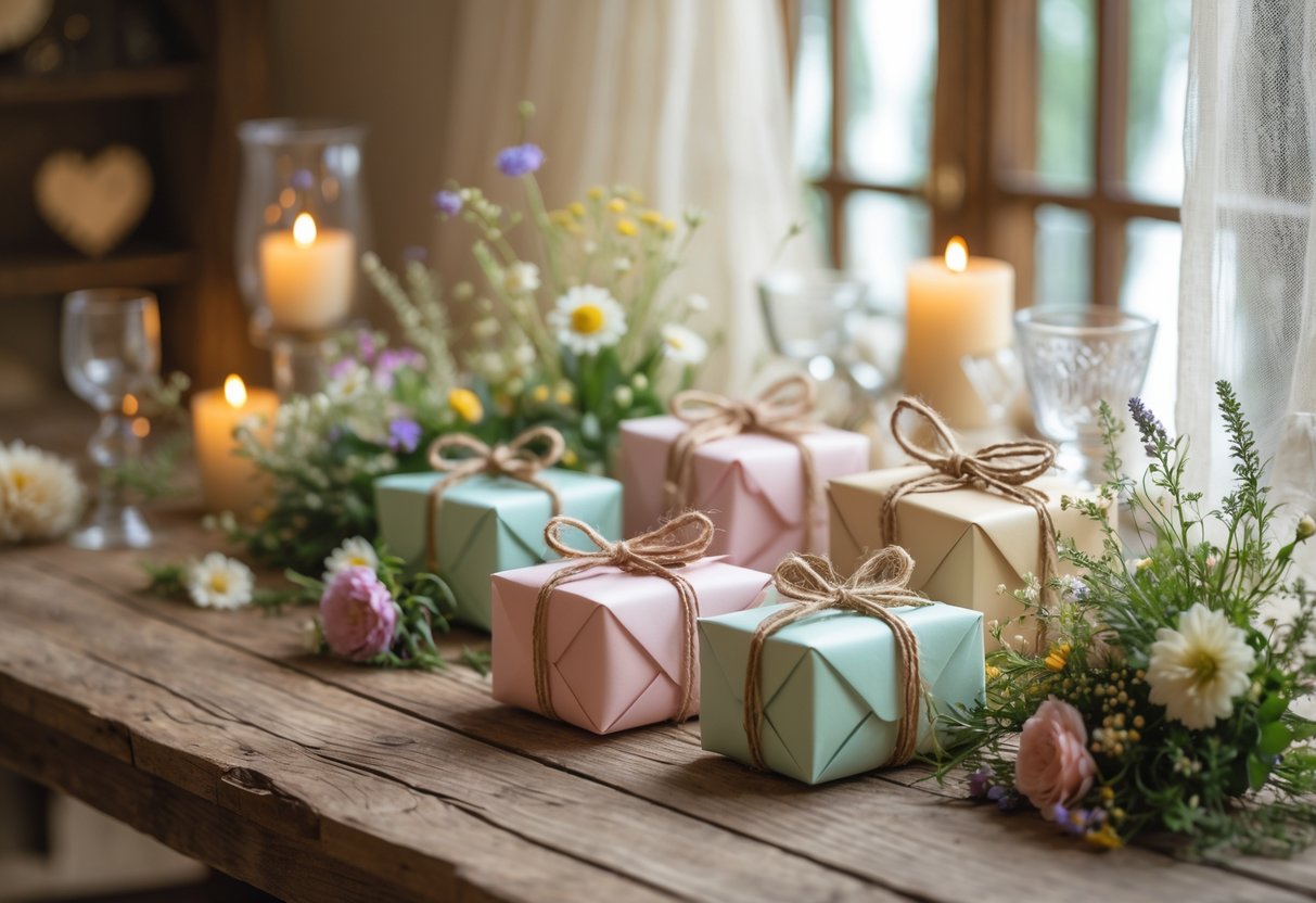 A small rustic table with wrapped thank you gifts and wildflower arrangements in a softly lit intimate wedding setting.