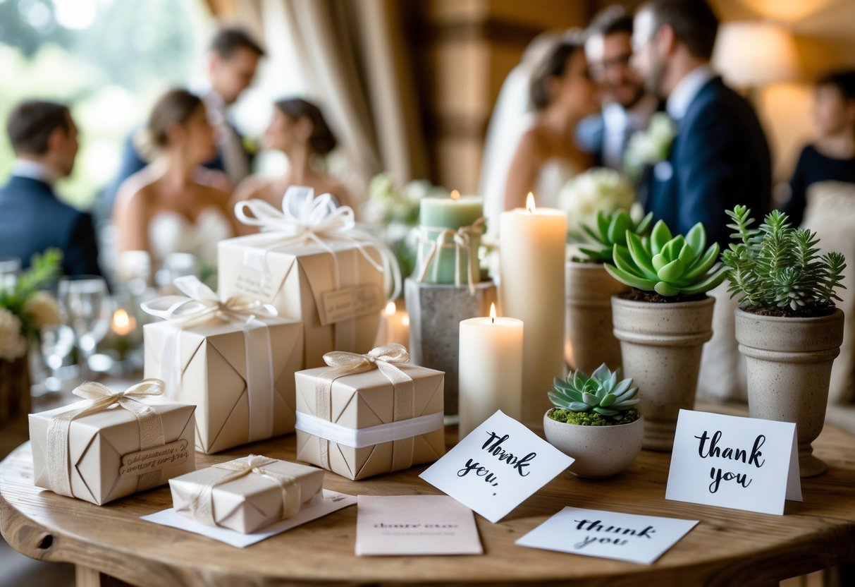 A table with various small, elegant wedding thank you gifts including wrapped boxes, candles, succulents, and cards, with a blurred intimate wedding scene in the background.