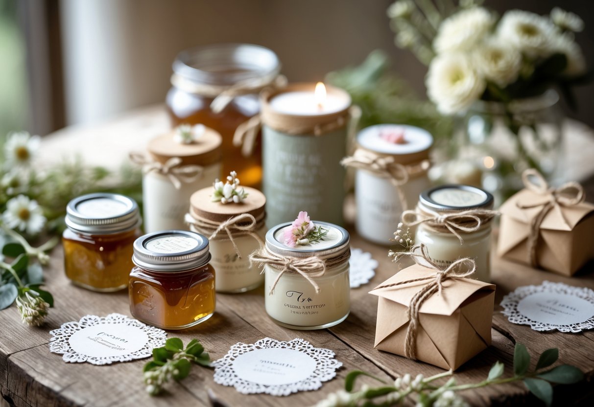 A table displaying various small, handcrafted wedding favors including jars, candles, and envelopes decorated with flowers and greenery.