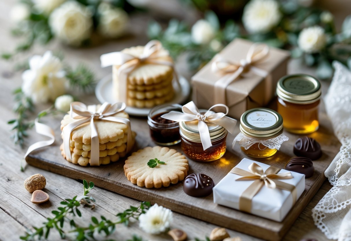 A small collection of wrapped edible gifts including cookies, mini jars, and chocolates arranged on a wooden table with flowers and greenery.