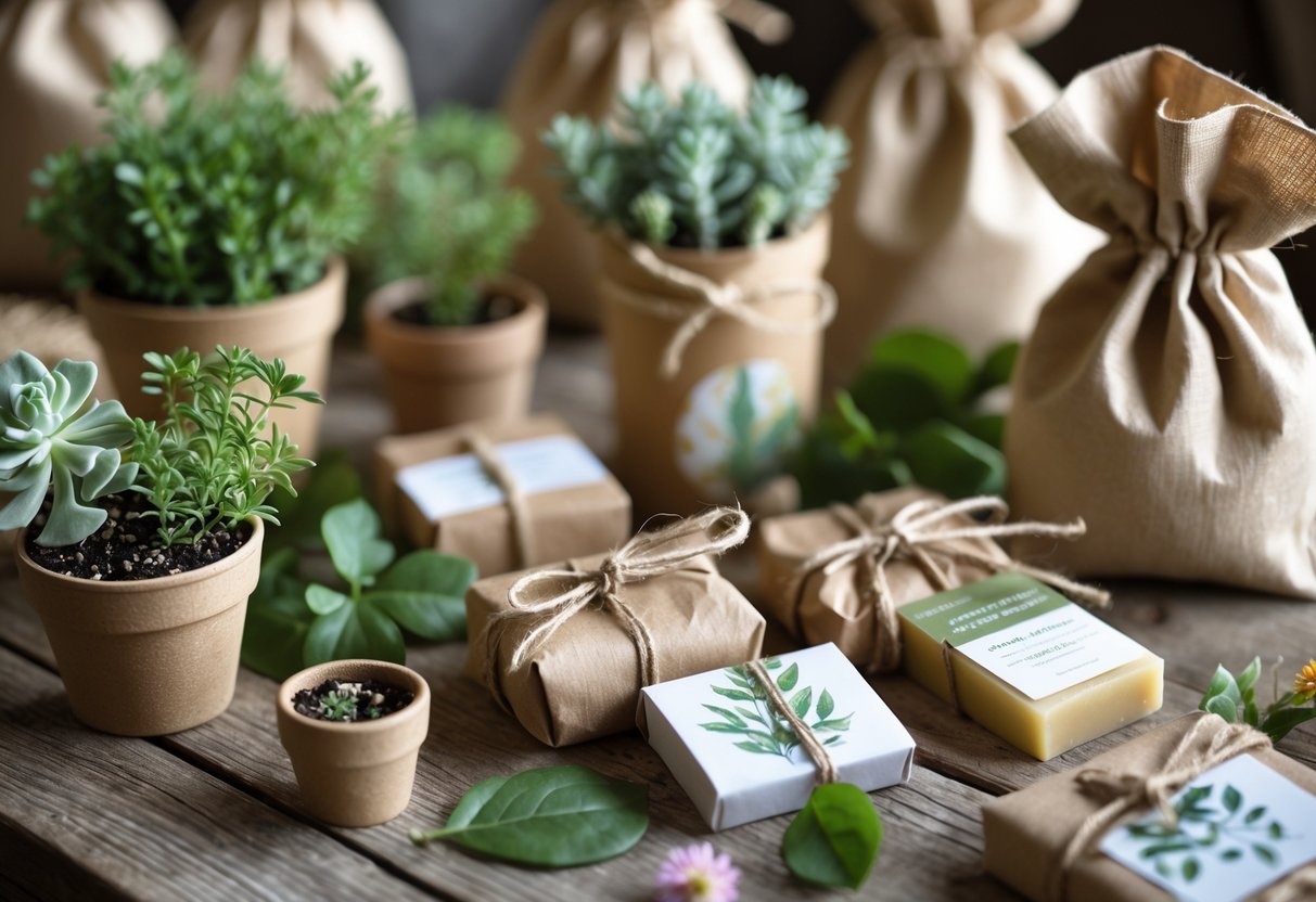 A table with eco-friendly wedding guest gifts including small potted plants, handmade soaps, seed packets, and fabric bags arranged with green leaves and flowers.