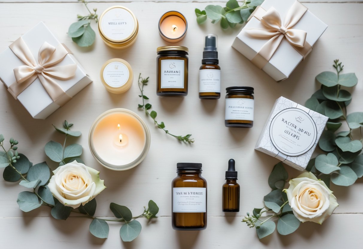 A flat lay of pampering and wellness gifts including candles, bath salts, soaps, and essential oils arranged with flowers and greenery on a wooden surface.