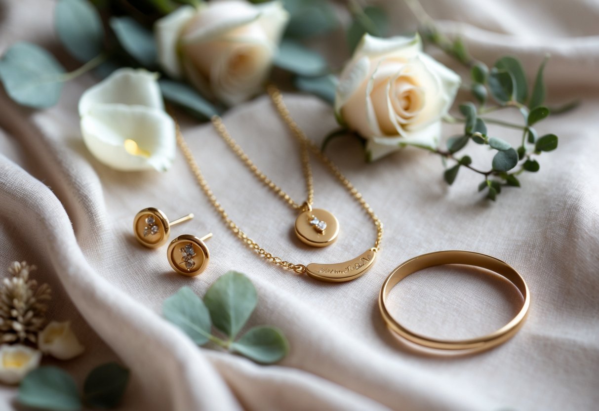 Close-up of elegant wedding jewelry arranged with rose petals and greenery on soft fabric.
