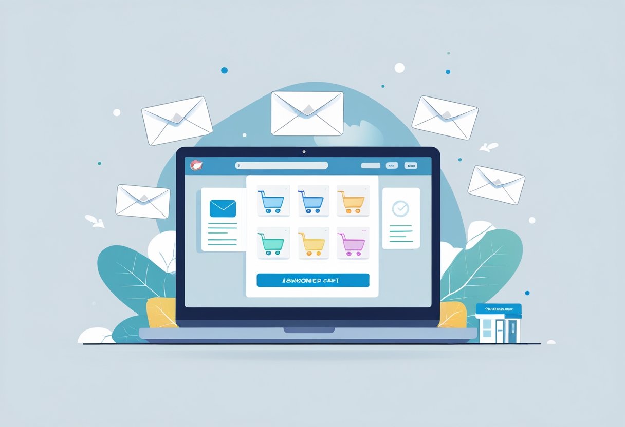 A laptop screen showing an online shopping cart with items left inside, surrounded by floating email icons and small business symbols.