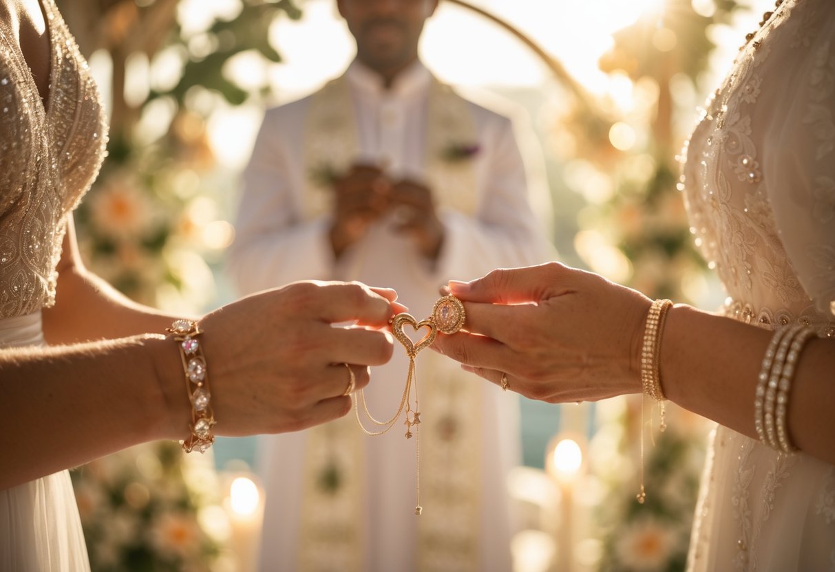 Close-up of two hands exchanging elegant jewelry during a wedding ceremony with a celebrant in the background.