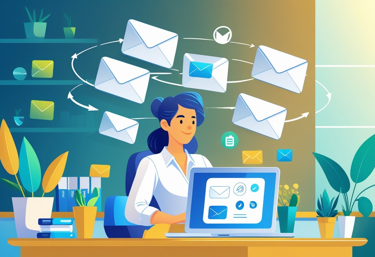 A small business owner working at a desk with a laptop surrounded by five floating envelopes connected by arrows, symbolizing automated email campaigns.