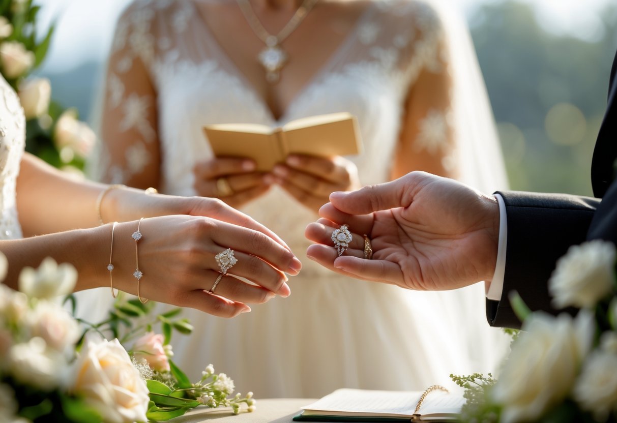 Close-up of hands exchanging wedding rings during a wedding ceremony with a celebrant in the background.